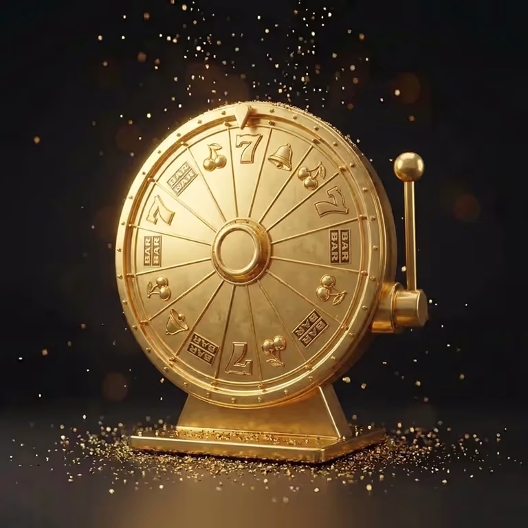 Kultainen onnenpyörä onnekkailla symboleilla ja kimaltelevilla tehosteilla, esittelemässä Bingo Bongo Stars Casinon pelitarjouksia.